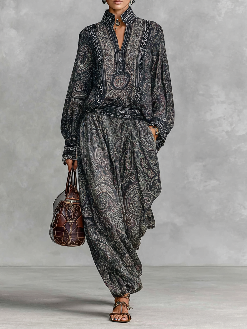 Women's Vintage Paisley Print Stand-up Collar Long Sleeve Shirt Trousers Two-piece Set MDA2558G3Y