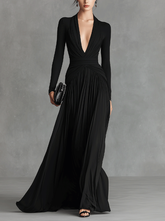 Women's Black Modern Flowy Crepe Plunging - V Maxi Gown MDA0416I2I