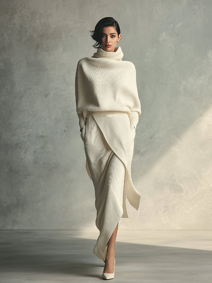 Women's Cream Elegant Rib - Knit Cowl Neck Wrap Skirt Set MDA1348H3I
