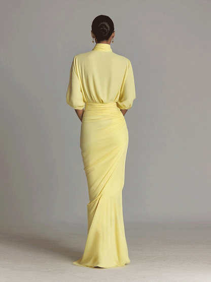Women's Bright Yellow Drape Comfortable Blended Maxi Dress MDA2811G6I
