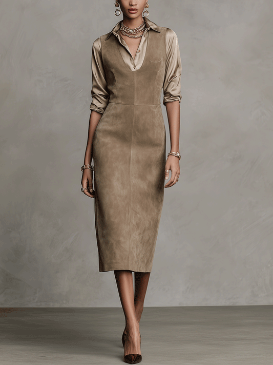 Women's Taupe Suede Vest Dress And Satin Shirt Two-Piece Set MDA0230I7I