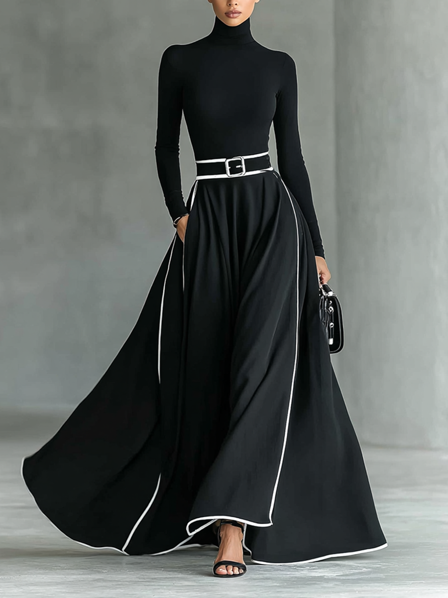 Women's Black Stitching White Trim High Collar Long Sleeve Tight Belt Maxi Dress MDA1031G0Y