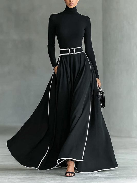 Women's Black Stitching White Trim High Collar Long Sleeve Tight Belt Maxi Dress MDA1031G0Y
