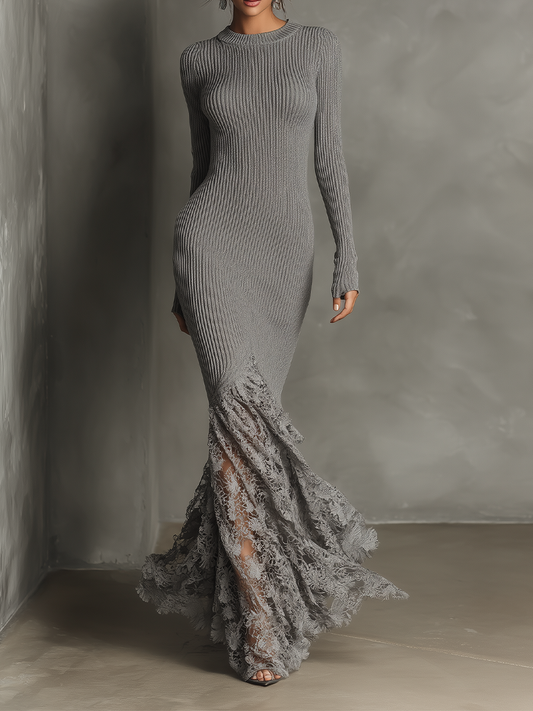 Women's Gray Knitted Slim-fit Versatile Maxi Dress MDA0496I2T