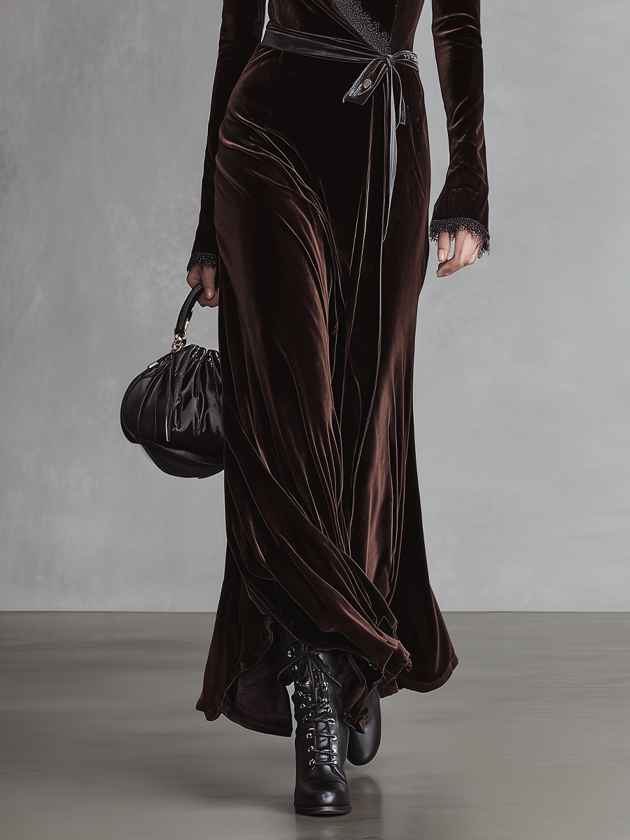 Women's Rich Brown Velvet Elegant Deep-V Flowy Dress MDA0594I6I