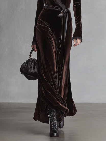 Women's Rich Brown Velvet Elegant Deep-V Flowy Dress MDA0594I6I