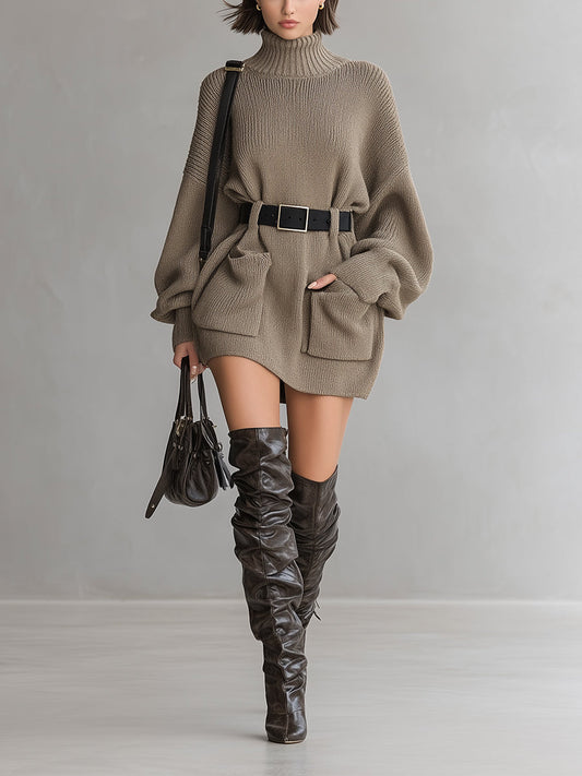 Women's Lazy Style High Collar Waist Sweater Dress MDA1012I3A