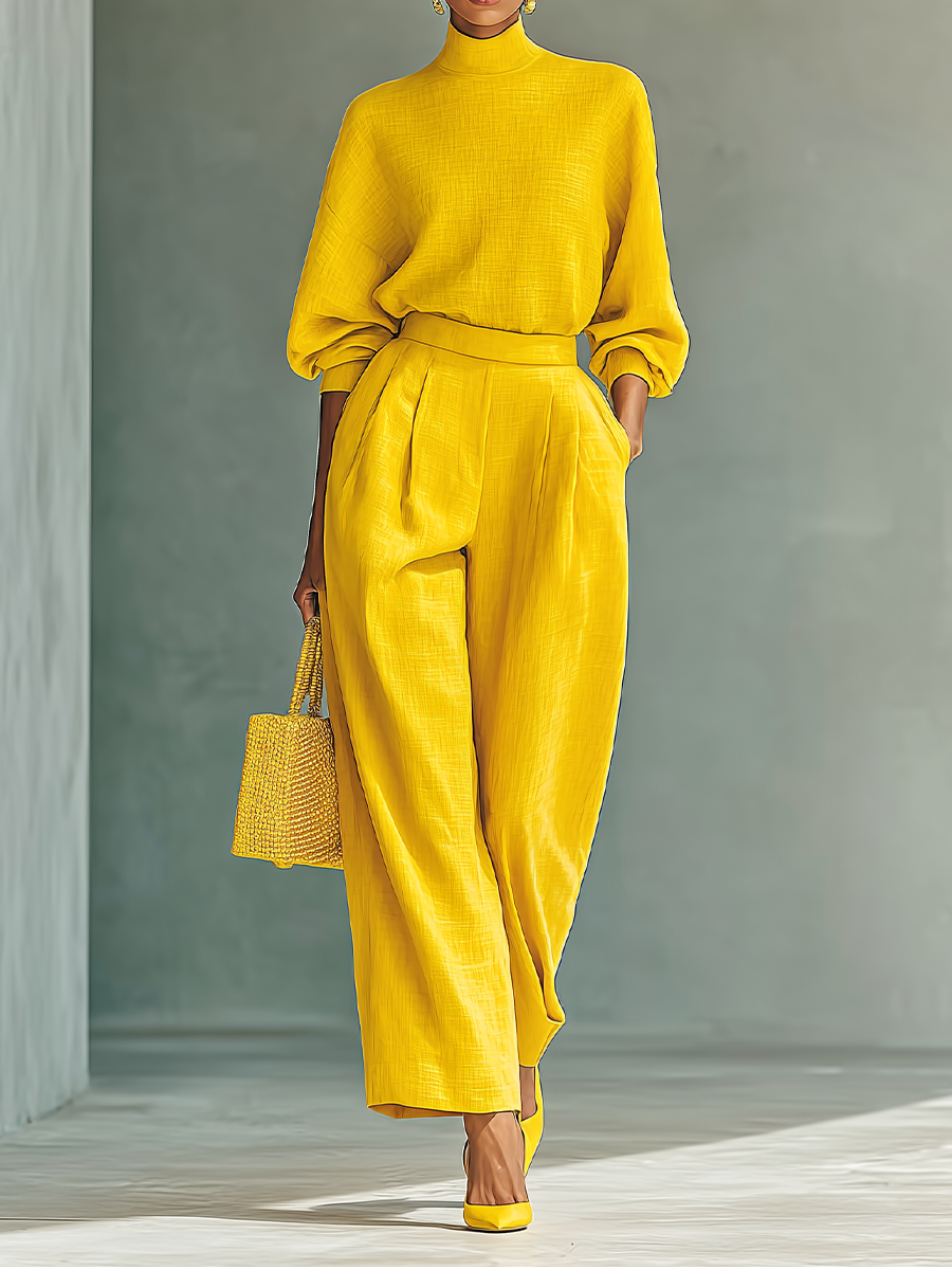 Women's Bright Yellow Cotton Blend Long Sleeve Top And Wide-Leg Pants Set MDA0475I3T