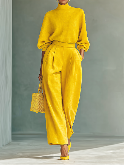 Women's Bright Yellow Cotton Blend Long Sleeve Top And Wide-Leg Pants Set MDA0475I3T