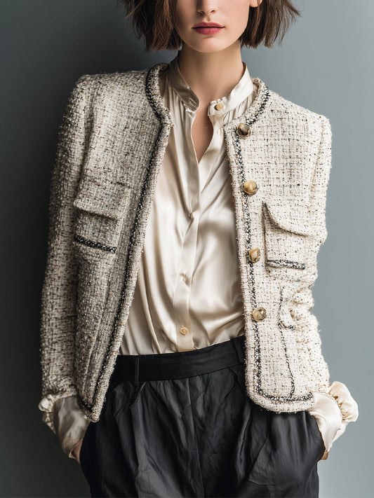 Women's Beige Chic Tweed - Textured Contrast - Trimmed Jacket MDA2886H3I