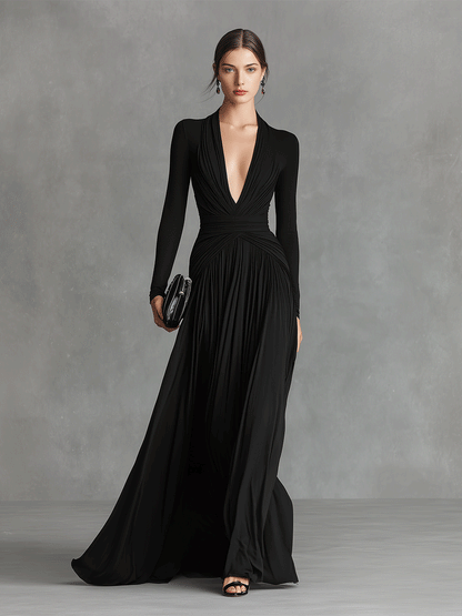 Women's Black Modern Flowy Crepe Plunging - V Maxi Gown MDA0416I2I