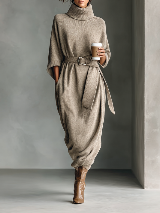 Women's Minimalist Knitted High-neck Cape Sleeve Belt Maxi Dress MDA0592I3Y
