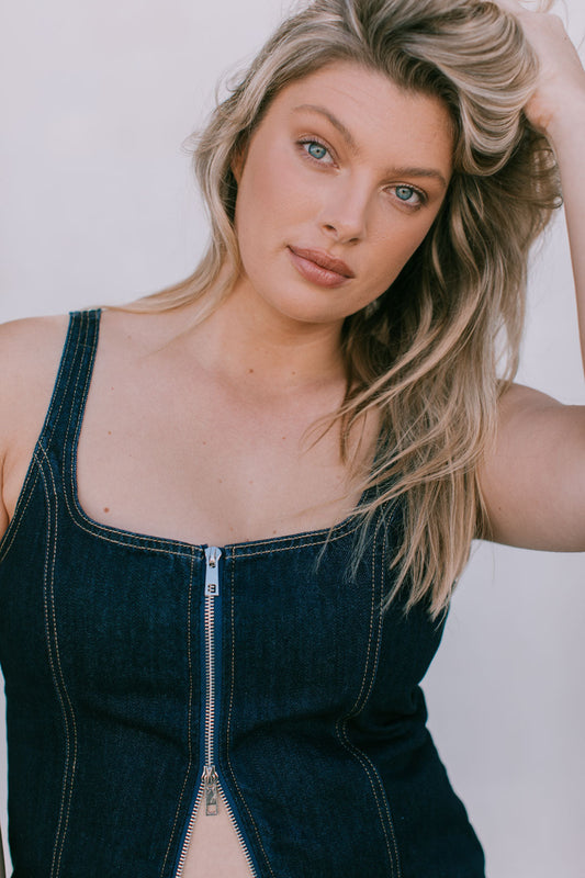 Ava Zip Top - Indigo Denim