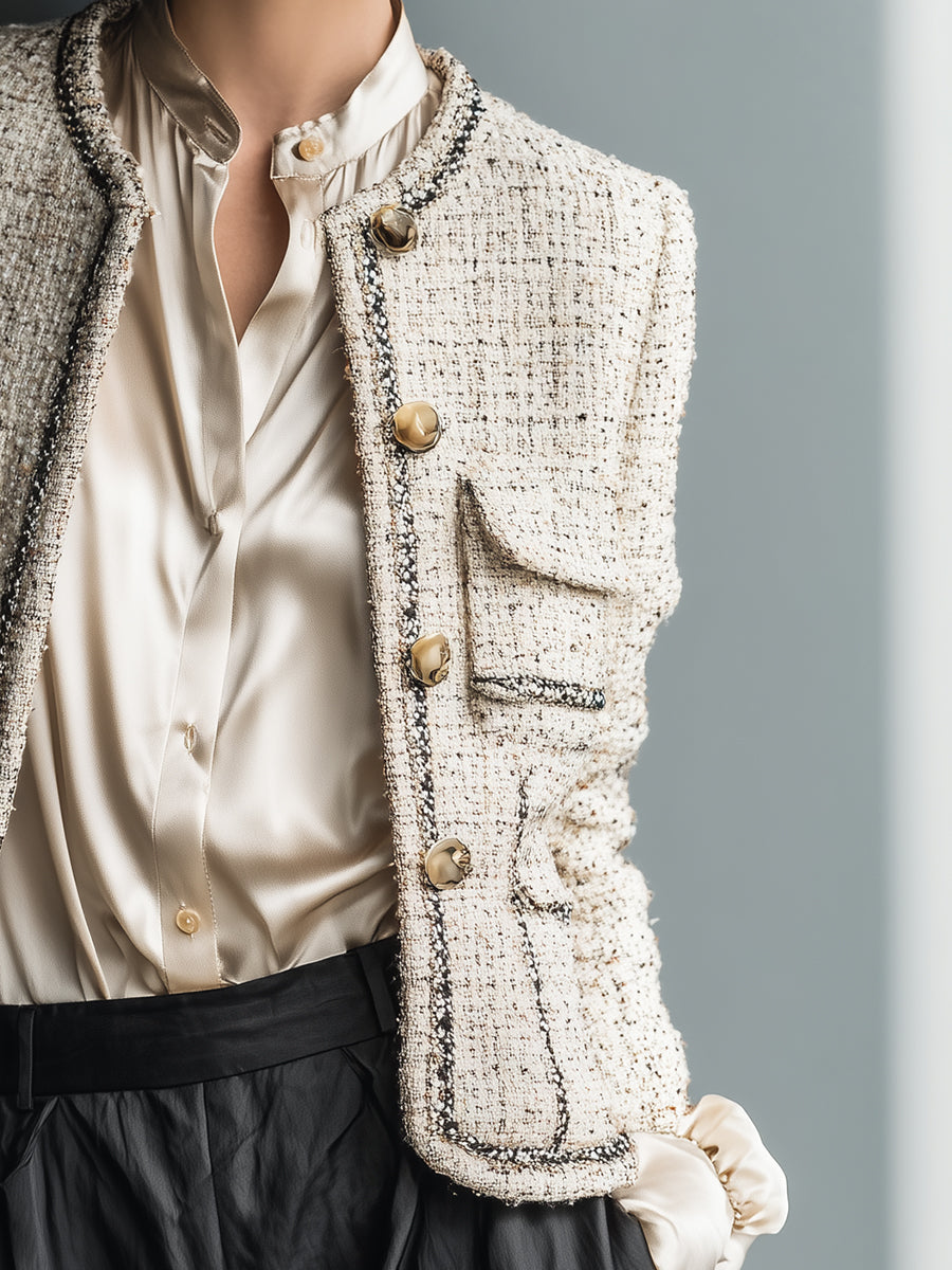 Women's Beige Chic Tweed - Textured Contrast - Trimmed Jacket MDA2886H3I