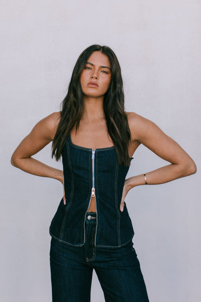 Ava Zip Top - Indigo Denim
