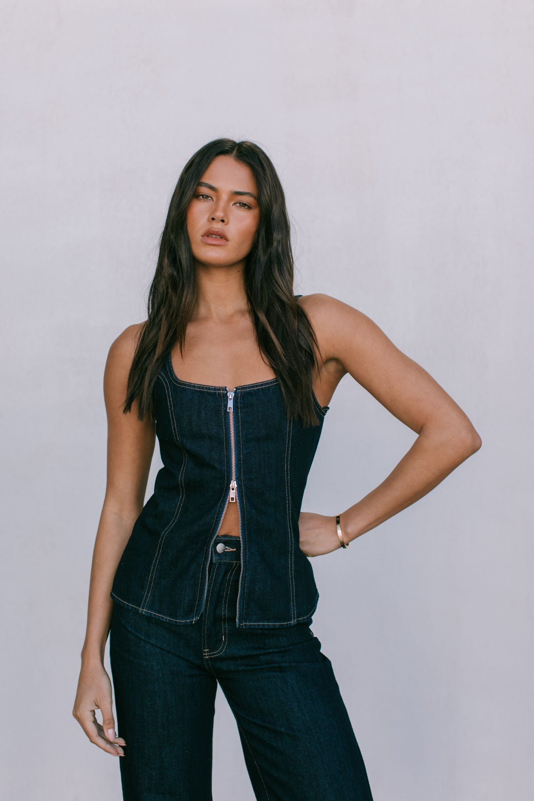 Ava Zip Top - Indigo Denim