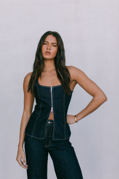 Ava Zip Top - Indigo Denim