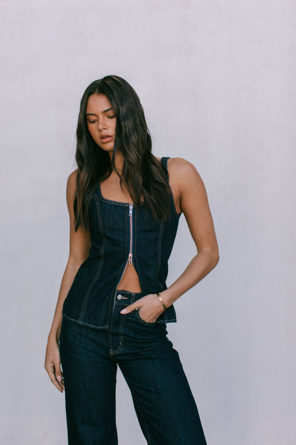 Ava Zip Top - Indigo Denim