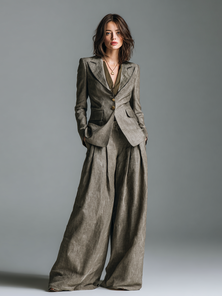 Women's Cotton And Linen Blend Lapel Blazer And Wide-Leg Pants Set MDA2538H6Y