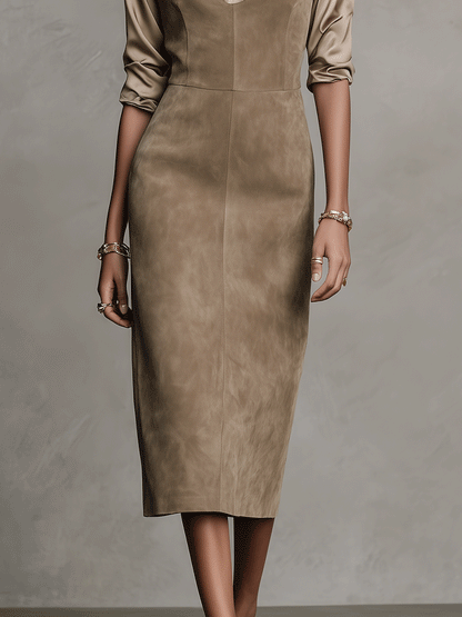 Women's Taupe Suede Vest Dress And Satin Shirt Two-Piece Set MDA0230I7I