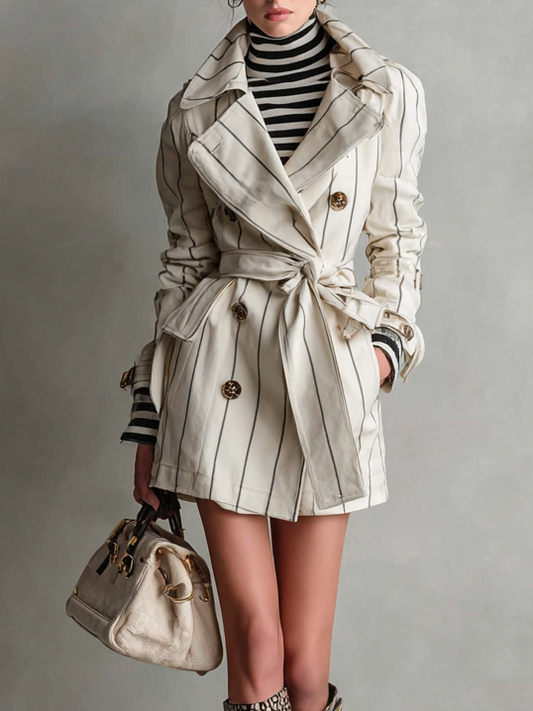 Women's Fashion Striped Double-Breasted Belted Short Trench Coat MDA2761H7Y