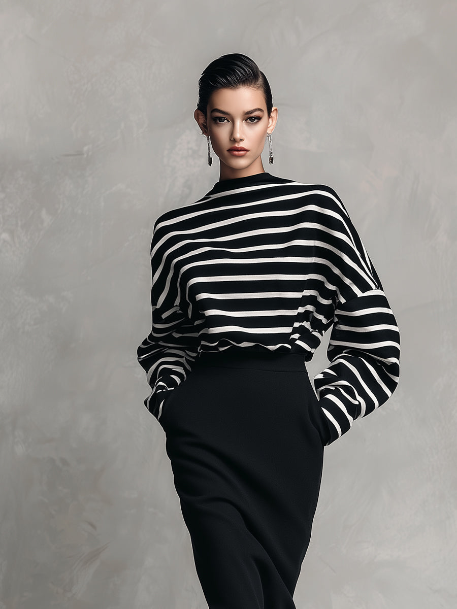 Women's Black & White Elegant Cotton - Blend Striped Oversized Top & Pencil Skirt Set MDA2755H5I