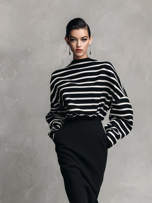 Women's Black & White Elegant Cotton - Blend Striped Oversized Top & Pencil Skirt Set MDA2755H5I