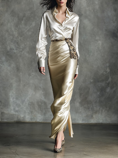 Women's Ivory & Gold Elegant Satin Shirt & Leopard - Belted Midi Skirt Set (Without Belt) MDA2241H0I