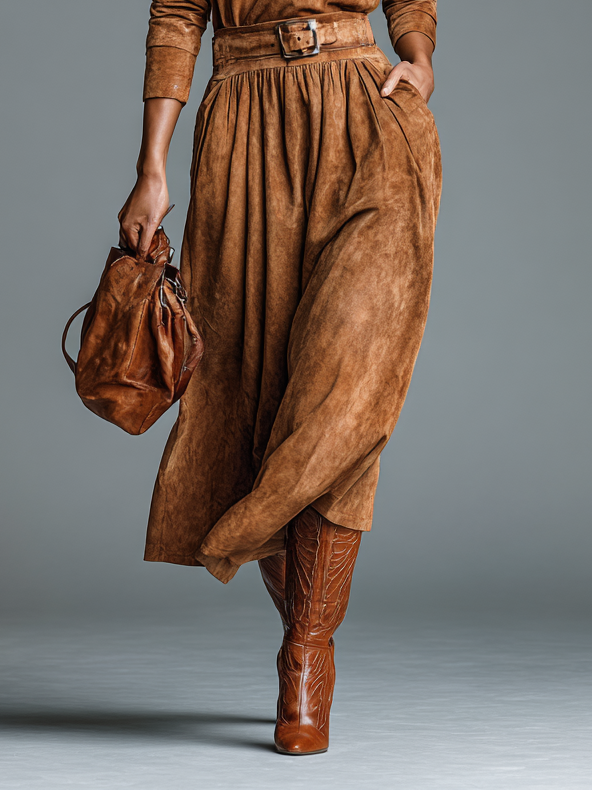 Women's Vintage Suede Round Neck Long Sleeve Blouse Skirt Set MDA2746H7Y