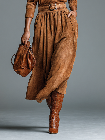 Women's Vintage Suede Round Neck Long Sleeve Blouse Skirt Set MDA2746H7Y