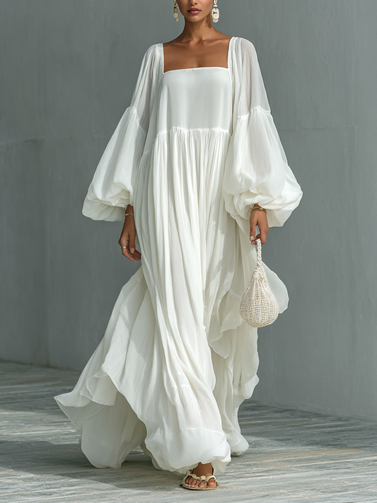 Women's Loose Lapel Lantern Sleeve Pleated Maxi Dress MDA1789G5Y