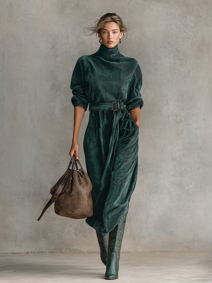Women's Loose Corduroy Half-Turtleneck Belted Midi Dress MDA0293I4Y
