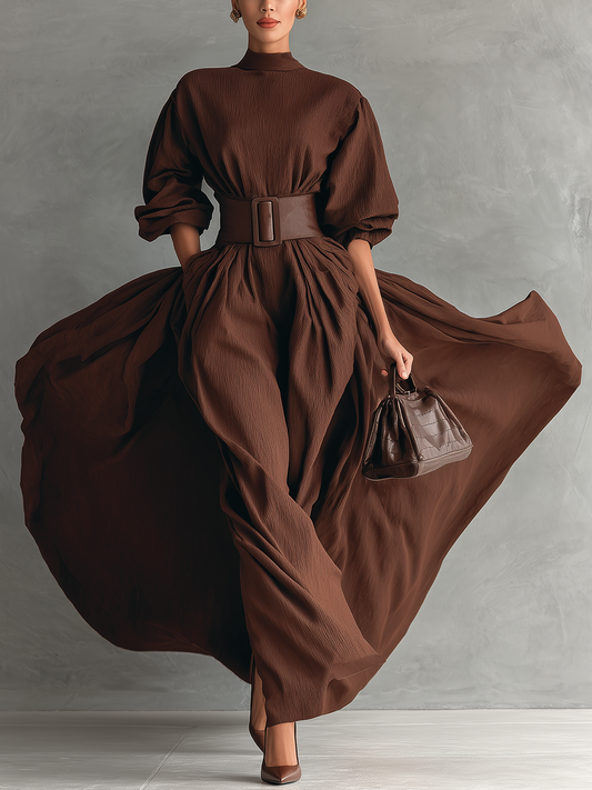 Women's Dark Brown Cotton Blend Pleated High Collar Loose Fashion Maxi Dress MDA0901I4T