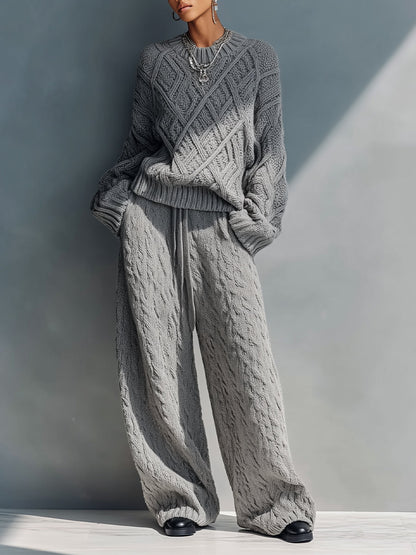 Women's Grey Cozy Knit Argyle - Patterned Sweater & Wide - Leg Lounge Pants Set MDA2616H6I