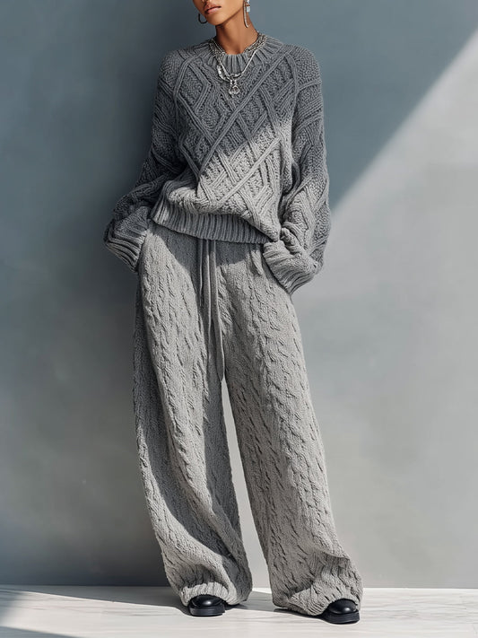 Women's Grey Cozy Knit Argyle - Patterned Sweater & Wide - Leg Lounge Pants Set MDA2616H6I