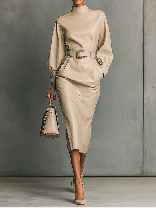 Women's Beige PU Leather Wide Sleeve Maxi Dress MDA1952H5T