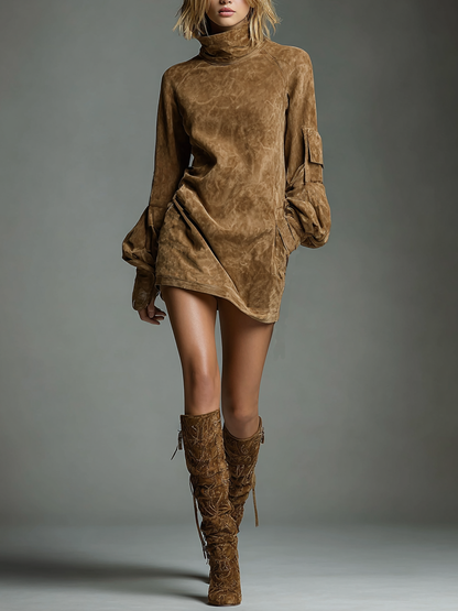 Women's Vintage Loose Suede Turtleneck Mini Dress MDA1693H3Y