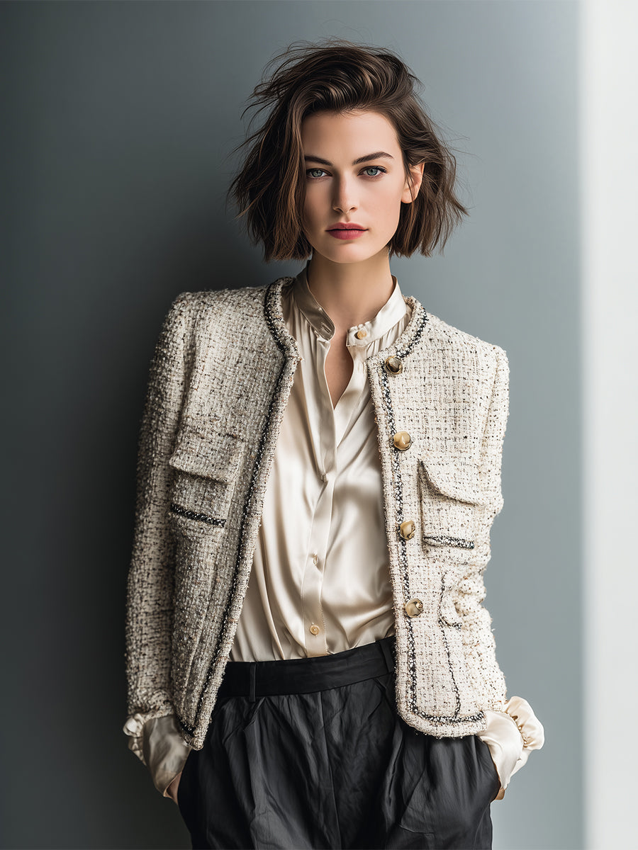 Women's Beige Chic Tweed - Textured Contrast - Trimmed Jacket MDA2886H3I