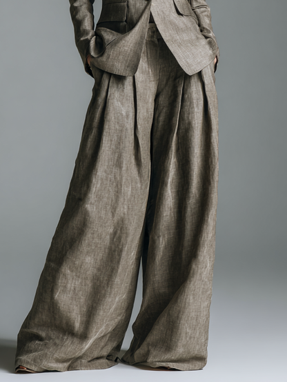 Women's Cotton And Linen Blend Lapel Blazer And Wide-Leg Pants Set MDA2538H6Y