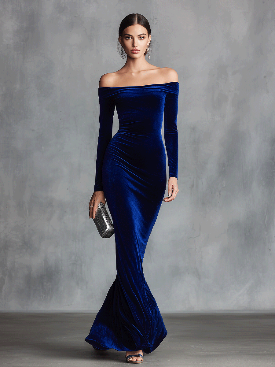 Women's Royal Blue Elegant Velvet Off - Shoulder Mermaid Gown Maxi Dress MDA0119I0I