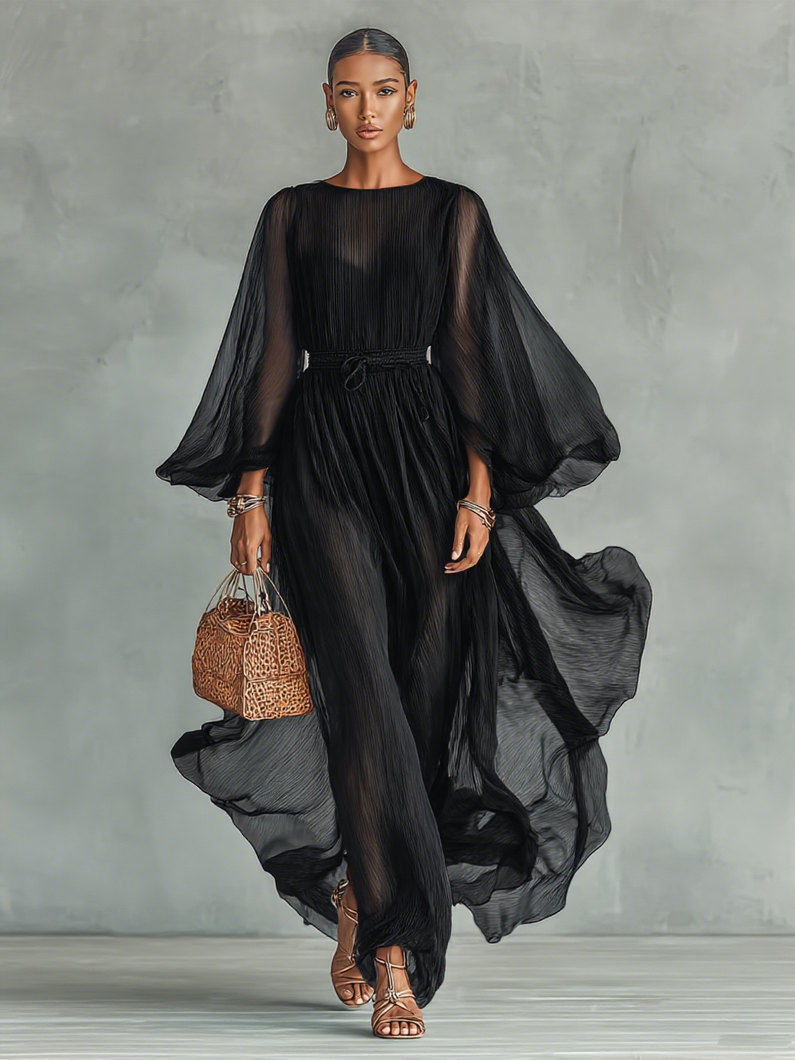 Women's Chiffon Round Neck Long Sleeve Waist Drawstring Maxi Dress MDA1434G5Y
