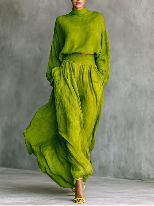 Women's Green Turtleneck Cotton And Linen Blend Suit MDA2938G4T