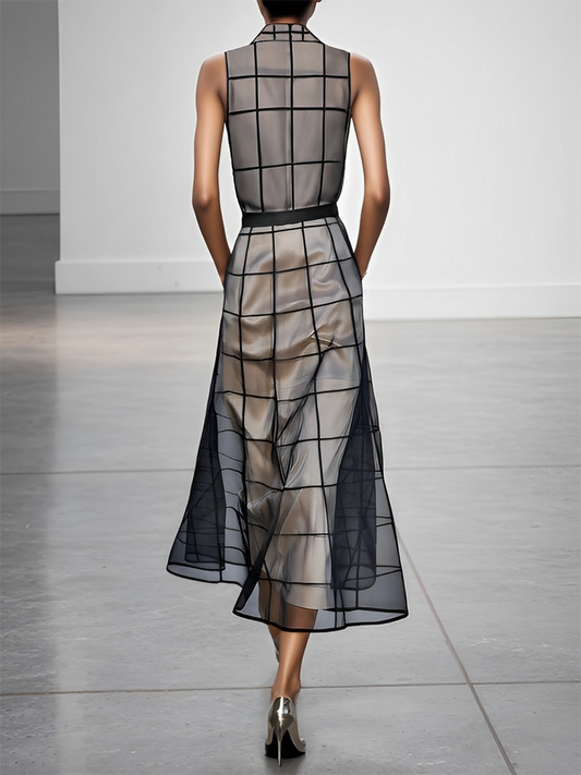 Women's Checkered Tulle Lapel Sleeveless Belted Maxi Dress MDA2372F1Y