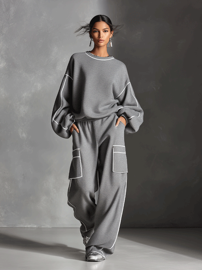 Women's Grey Modern Jersey Contrast - Piping Loungewear Set MDA0295I5I