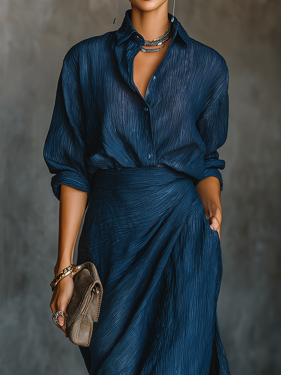 Women's Elegant Dark Blue Cotton And Linen Blend Shirt Long Skirt Set MDA0665H5T
