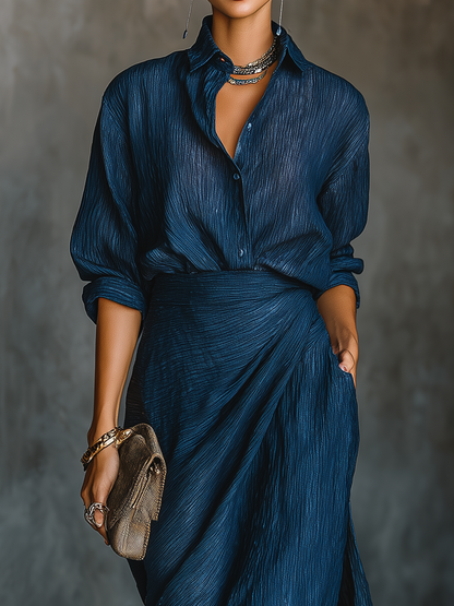Women's Elegant Dark Blue Cotton And Linen Blend Shirt Long Skirt Set MDA0665H5T