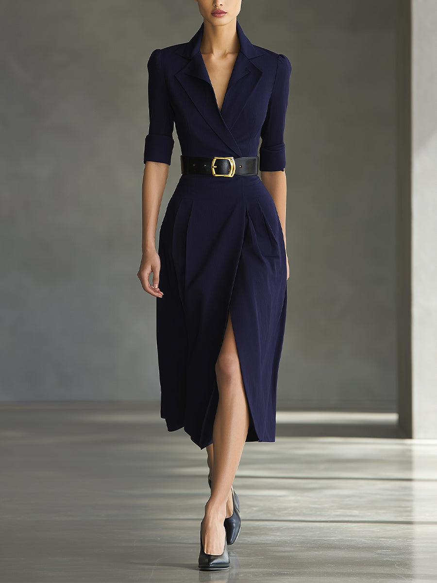 Women's Navy Classic Crepe Wrap Slit Midi Dress MDA0903I8I