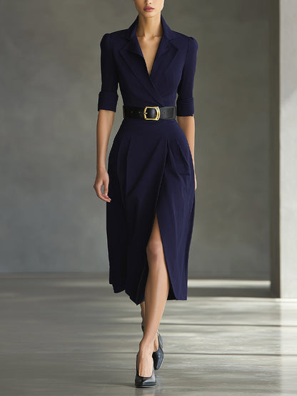 Women's Navy Classic Crepe Wrap Slit Midi Dress MDA0903I8I