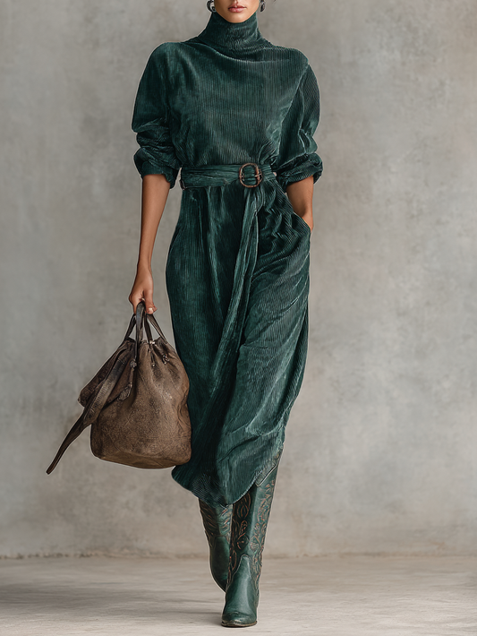 Women's Loose Corduroy Half-Turtleneck Belted Midi Dress MDA0293I4Y