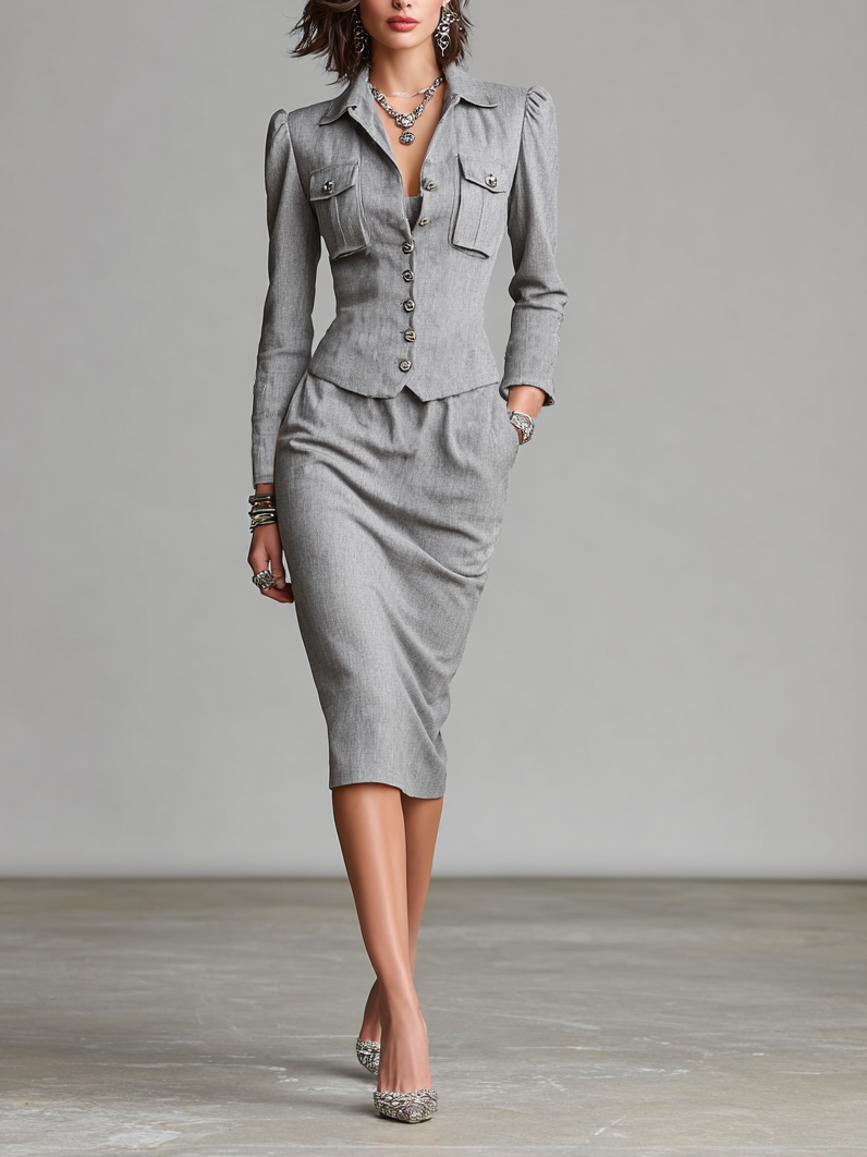 Women's Retro Business Short Blazer And One-Step Skirt Set MDA2701H3Y